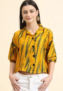 Tie Dye Printed Cotton Crushed Top in Mustard