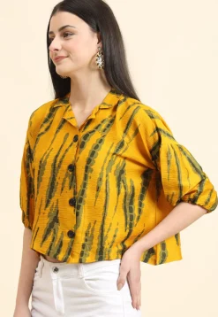 Tie Dye Printed Cotton Crushed Top in Mustard