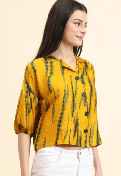 Tie Dye Printed Cotton Crushed Top in Mustard