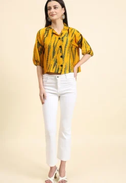 Tie Dye Printed Cotton Crushed Top in Mustard