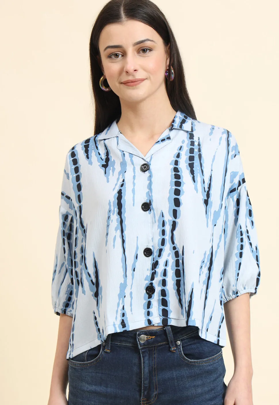 Tie Dye Printed Cotton Crushed Top in Light Blue