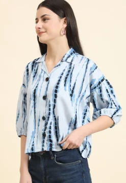 Tie Dye Printed Cotton Crushed Top in Light Blue