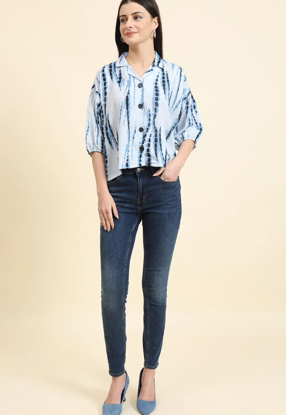 Tie Dye Printed Cotton Crushed Top in Light Blue