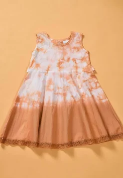 Tie Dye Printed Cotton Dress in Beige