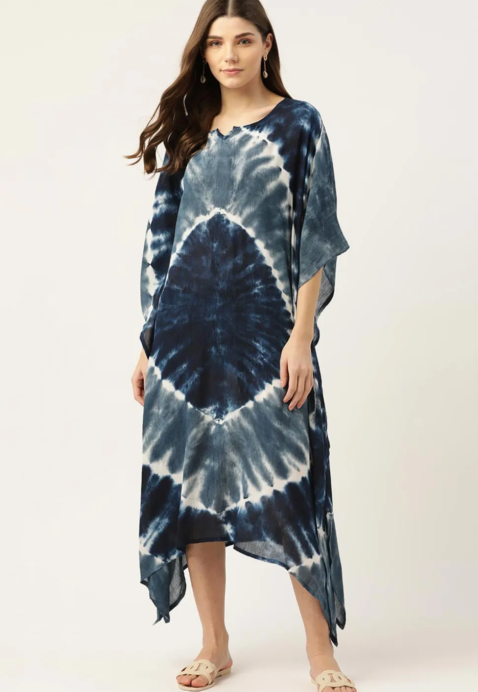 Tie Dye Printed Crushed Rayon Kaftan in Dark Blue and Grey