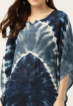 Tie Dye Printed Crushed Rayon Kaftan in Dark Blue and Grey