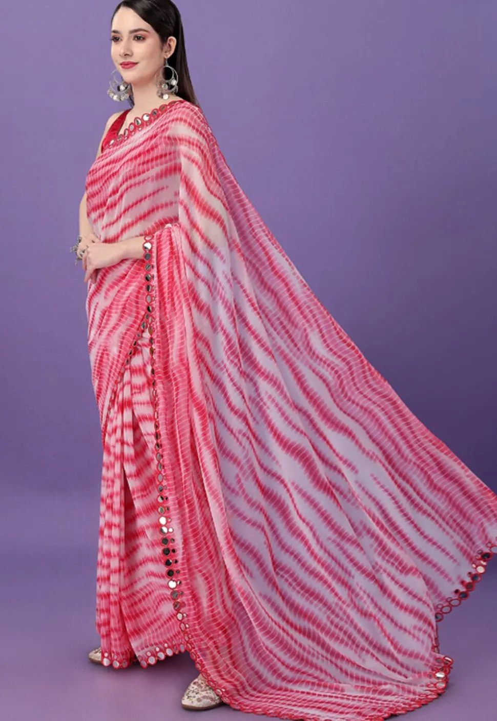 Tie Dye Printed Georgette Saree in Red