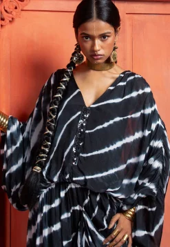 Tie Dye Printed Pure Chinon Chiffon Cowl Dress in Black