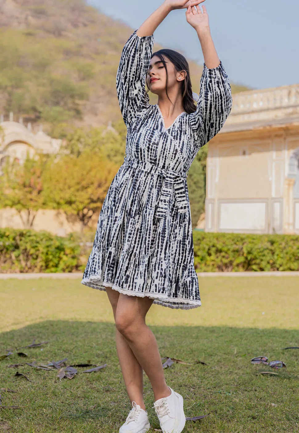 Tie Dye printed Pure Cotton Aline Dress in Black and White
