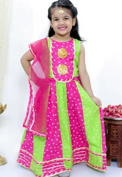 Tie Dye Printed Pure Cotton Lehenga in Light Green and Fuchsia