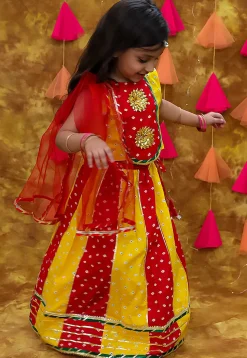 Tie Dye Printed Pure Cotton Lehenga in Yellow and Red