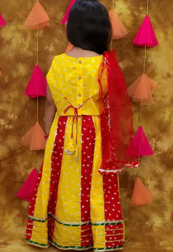 Tie Dye Printed Pure Cotton Lehenga in Yellow and Red