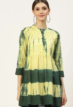 Tie Dye Printed Pure Cotton Tunic in Yellow and Dark Green