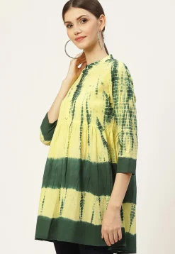 Tie Dye Printed Pure Cotton Tunic in Yellow and Dark Green