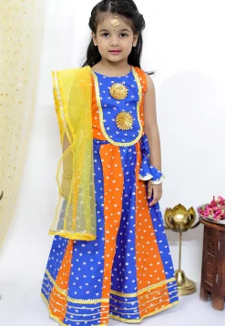 Tie Dye Printed Pure Cotton Lehenga in Orange and Blue