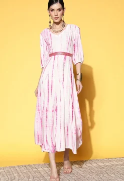 Tie Dye Printed Viscose Rayon Fit N Flare Dress in White