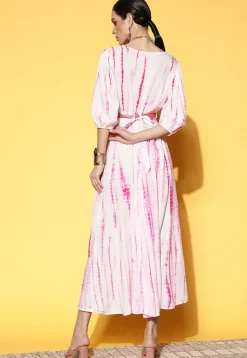 Tie Dye Printed Viscose Rayon Fit N Flare Dress in White