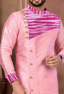 Tie Dyed Art Silk Asymmetric Dhoti Kurta in Pink