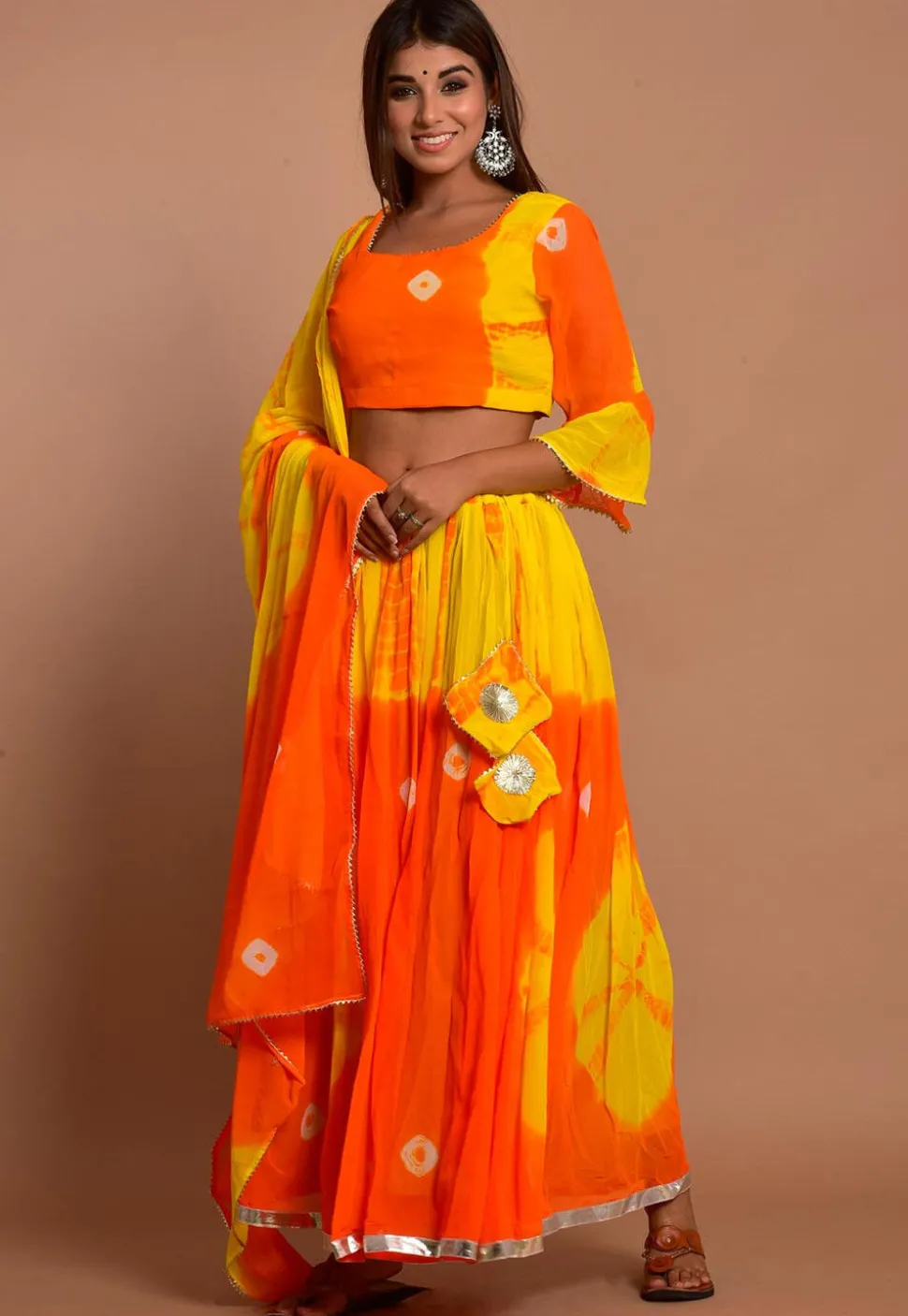 Tie Dyed Chiffon Lehenga in Shaded Orange and Yellow