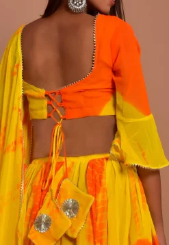 Tie Dyed Chiffon Lehenga in Shaded Orange and Yellow
