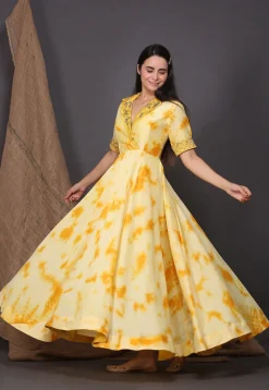 Tie Dyed Crepe Tiered Dress in Yellow