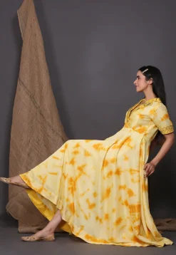 Tie Dyed Crepe Tiered Dress in Yellow