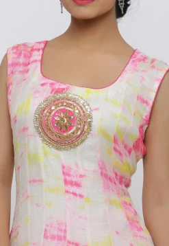 Tie Dyed Pure Kota Silk Anarkali Suit in Off White and Pink