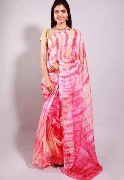 Tie Dyed Pure Kota Silk Saree in Pink and Beige