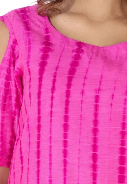 Tie Dyed Pure Silk A Line Suit in Fuchsia