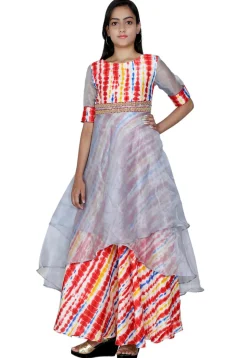 Tie N Dye Printed Bhagalpuri Silk Layered Gown in Multicolor