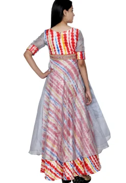 Tie N Dye Printed Bhagalpuri Silk Layered Gown in Multicolor