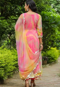 Tie N Dye Printed Pure Chiffon Angrakha Style Aline Suit in Pink