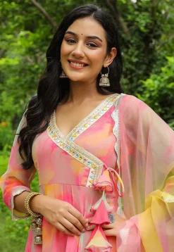 Tie N Dye Printed Pure Chiffon Angrakha Style Aline Suit in Pink