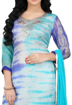 Tie N Dye Pure Kota Silk Straight Cut Suit in Blue