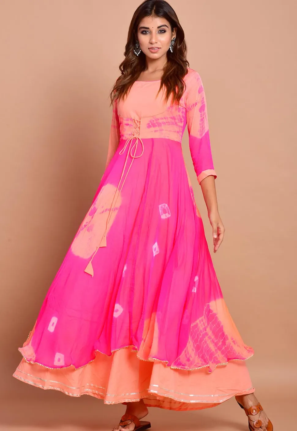 Tie N Dyed Chiffon Layered Maxi Dress in Fuchsia and Peach