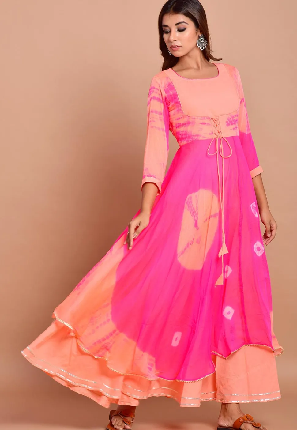 Tie N Dyed Chiffon Layered Maxi Dress in Fuchsia and Peach