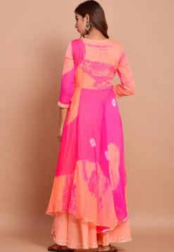 Tie N Dyed Chiffon Layered Maxi Dress in Fuchsia and Peach