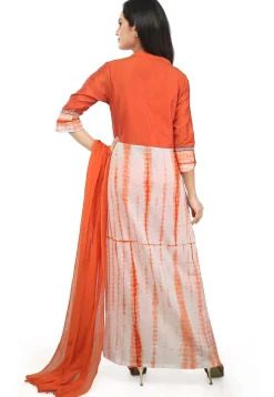 Tie N Dyed Cotton Abaya Style Suit in Orange and Off White