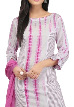 Tie N Dyed Cotton Pakistani Suit in White and Pink