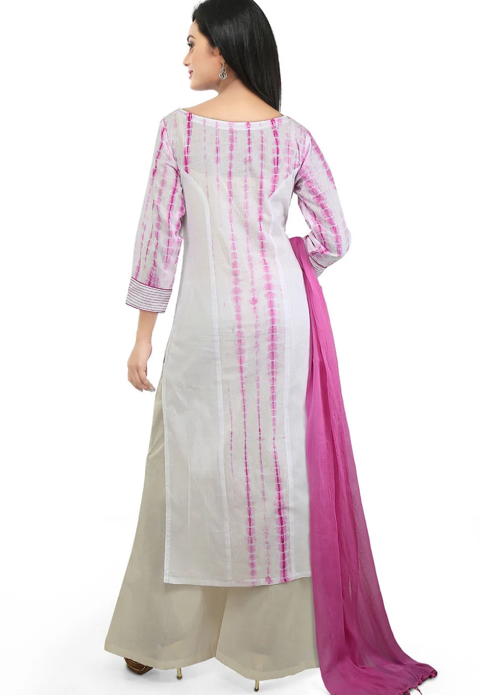 Tie N Dyed Cotton Pakistani Suit in White and Pink