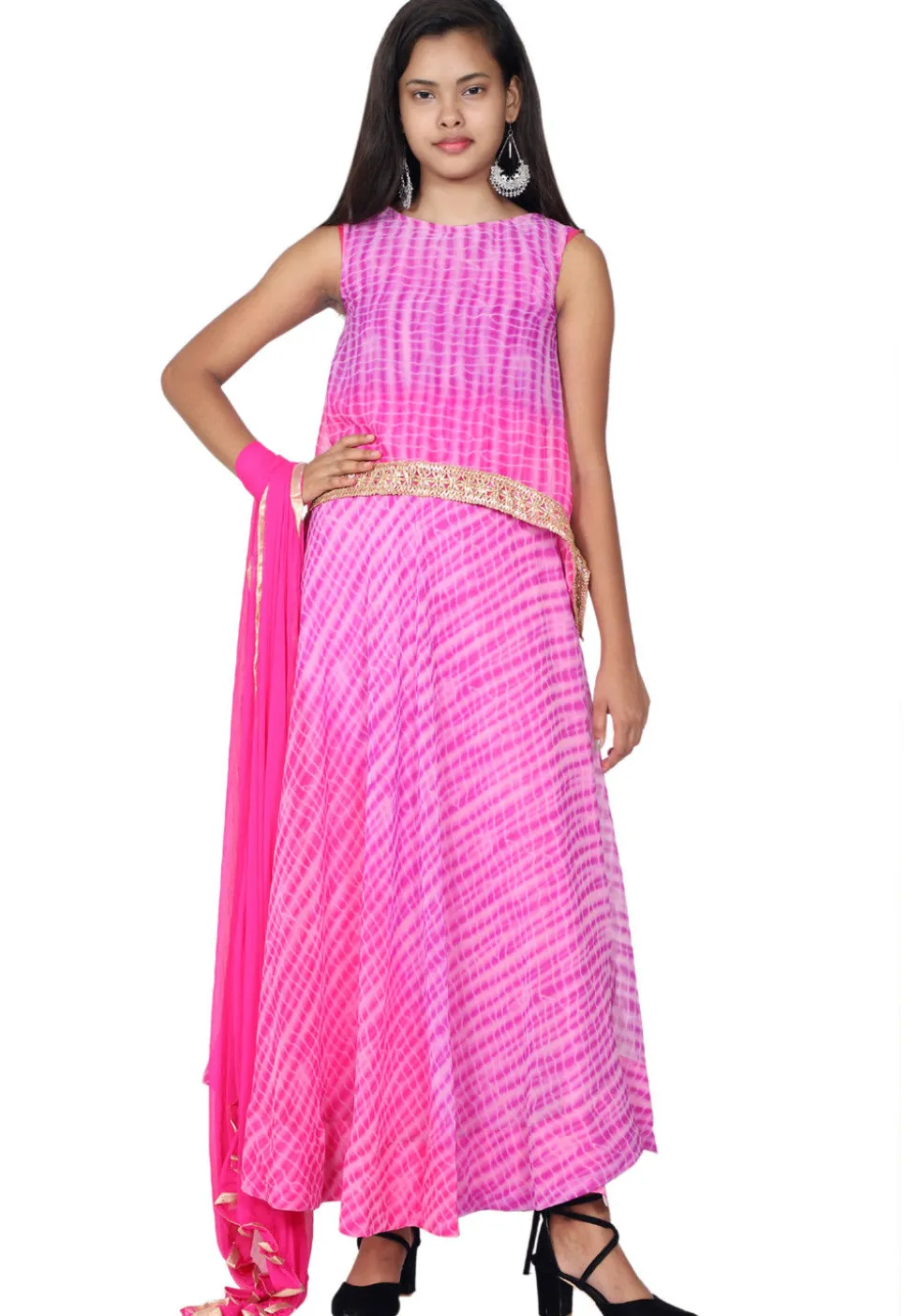 Tie N Dyed Georgette Layered A Line Suit in Pink