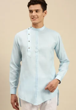 Tucked Cotton Slub Asymmetric Short Kurta in Sky Blue