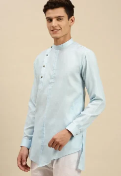 Tucked Cotton Slub Asymmetric Short Kurta in Sky Blue