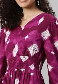 Tye Dye Printed Rayon Tiered Dress in Magenta