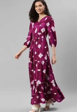 Tye Dye Printed Rayon Tiered Dress in Magenta