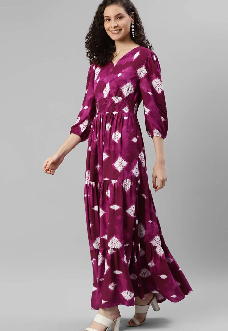 Tye Dye Printed Rayon Tiered Dress in Magenta