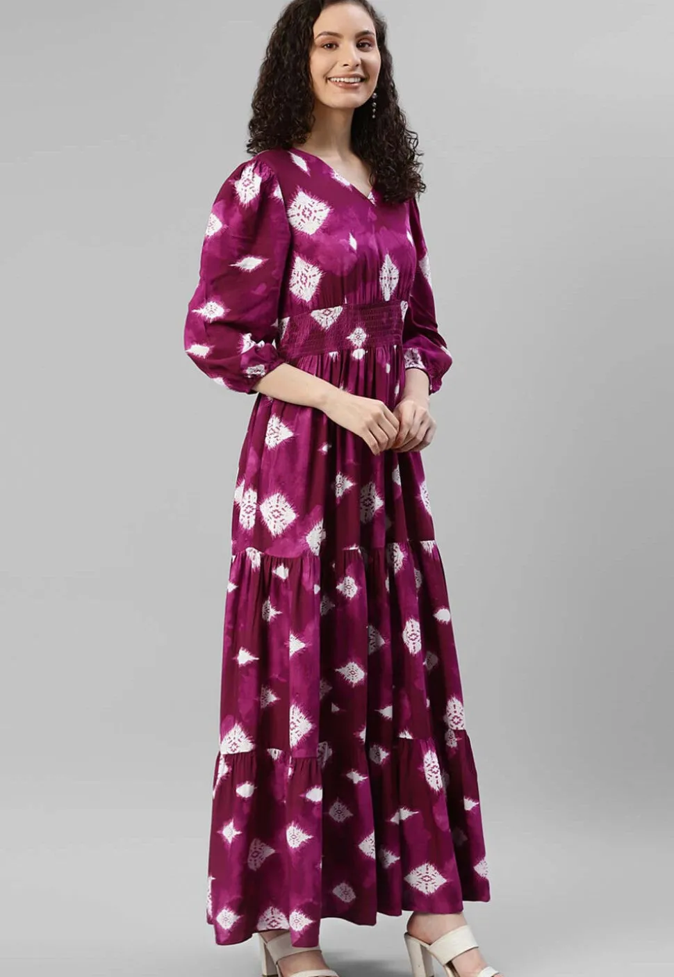 Tye Dye Printed Rayon Tiered Dress in Magenta