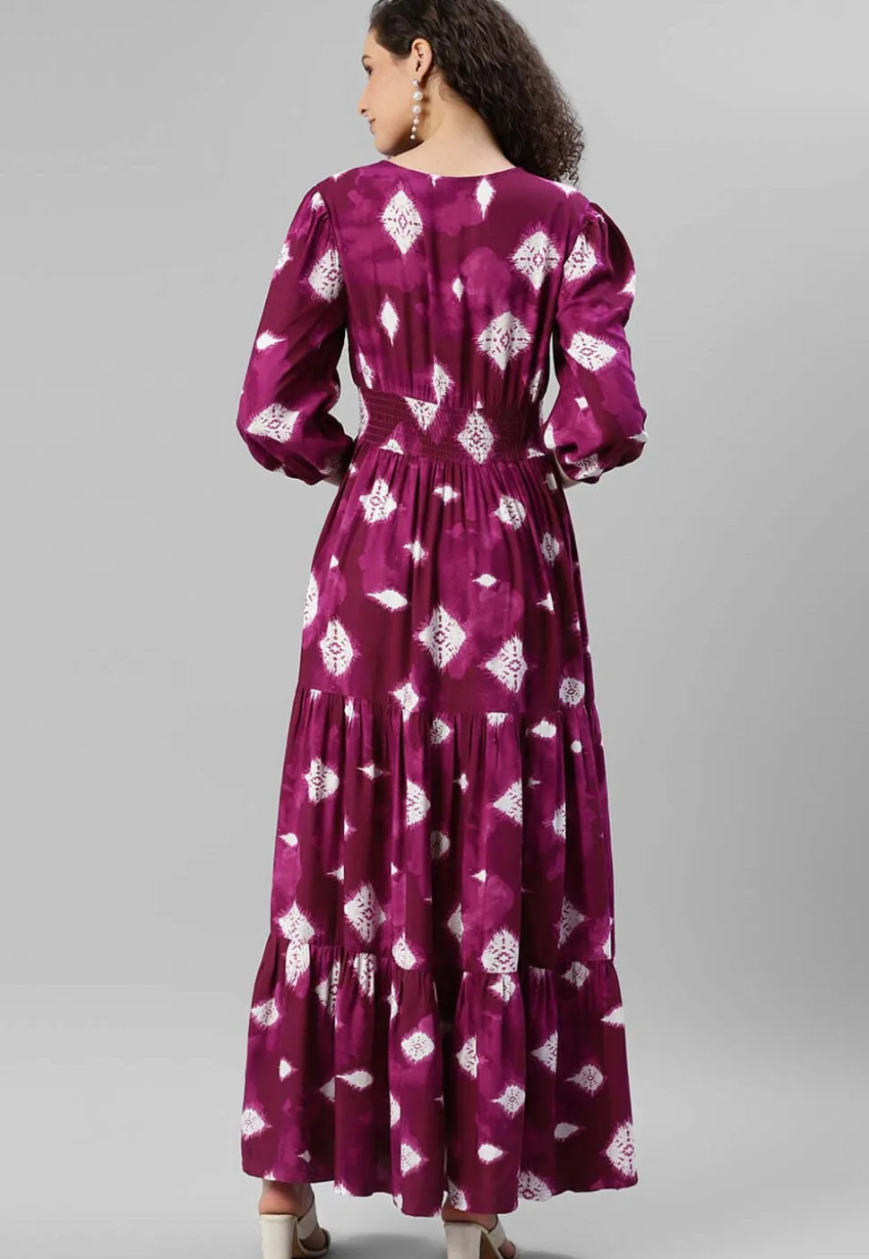 Tye Dye Printed Rayon Tiered Dress in Magenta