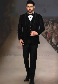 Velvet Embossed  Satin Three piece Tuxedo Set in Black