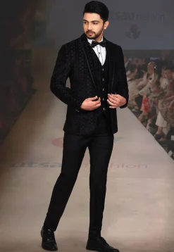 Velvet Embossed  Satin Three piece Tuxedo Set in Black